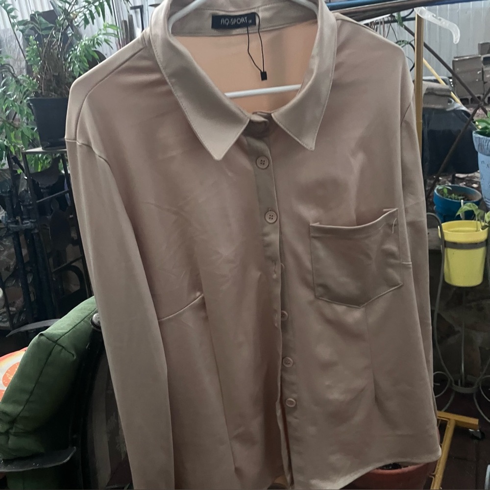 Beige Button-Up Satin Blouse